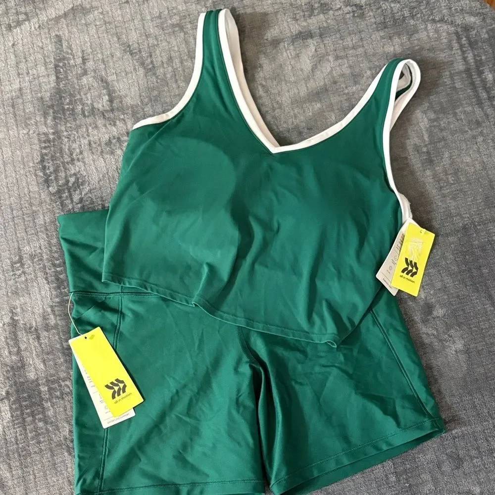NWT 2 All in Motion Green Mesh Athletic Apparel Pocketed Biker Shorts/Sports Bra